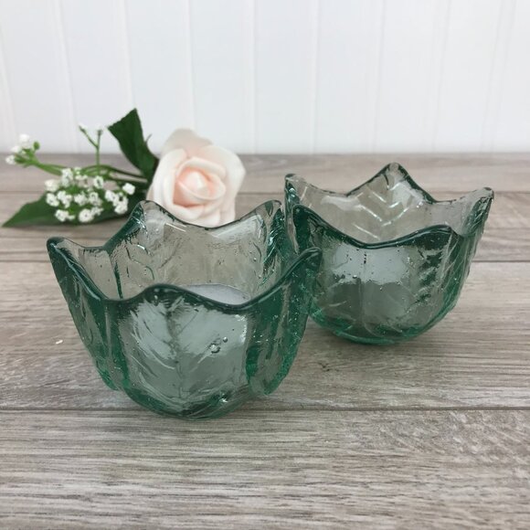 Vintage Other - Pair of Vintage Aqua Glass Candle Holders for Tea Lights, Lotus or Leaves Shape